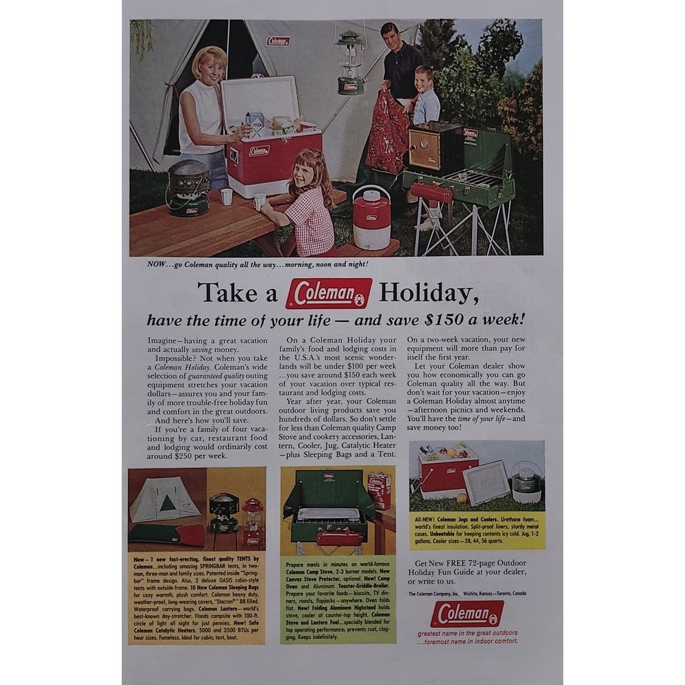 Vintage 1966 Coleman Magazine Ad Camping Gear Mid-Century Modern Print Ephemera